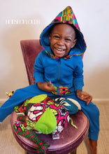Load image into Gallery viewer, Childrens Blue African print Kente hoodie all in one