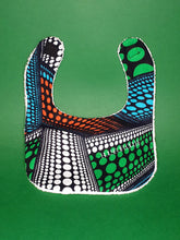Load image into Gallery viewer, African Print Baby Bib, green, orange, white spots
