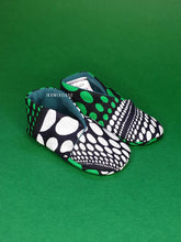 Load image into Gallery viewer, African Print Baby Soft Shoes, green, orange, white spots
