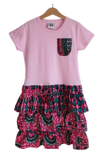 Load image into Gallery viewer, African print pink rara, ruffle jersey dress with pocket

