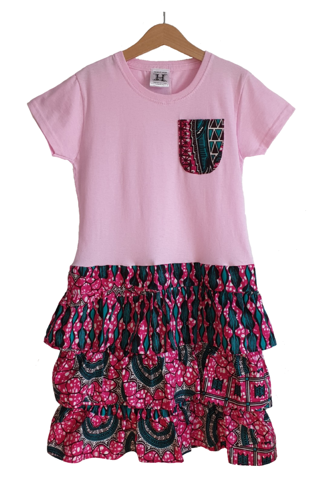 African print pink rara, ruffle jersey dress with pocket