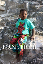 Load image into Gallery viewer, African print, red, green, blue, trousers, childrens, unisex
