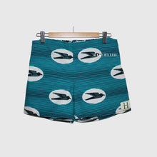 Load image into Gallery viewer, African print childrens shorts in light blue and white stripes with sparrow birds

