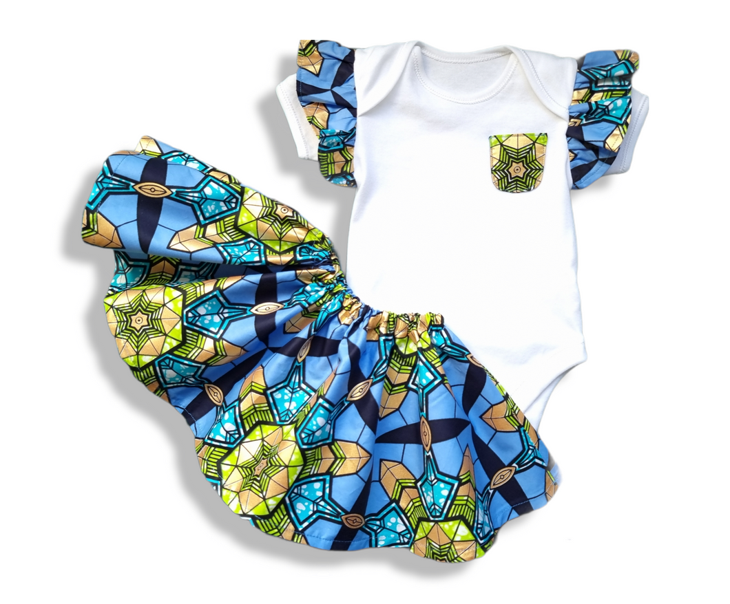 Baby Romper Set with Detachable Skirt (Gold Shimmer African Print)