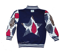 Load image into Gallery viewer, African print varsity jacket in navy, children&#39;s unisex
