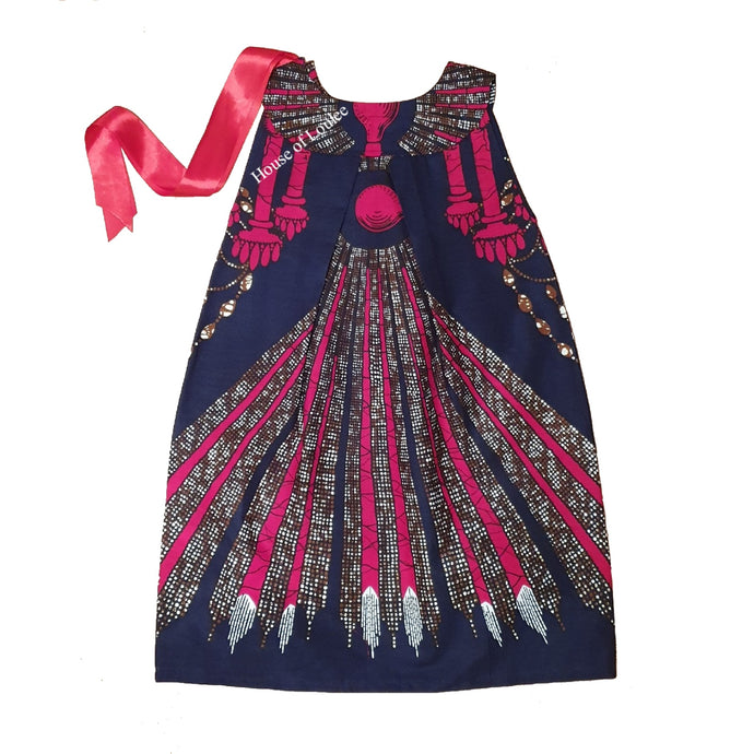 One shoulder ribbon African print dress in  red and navy