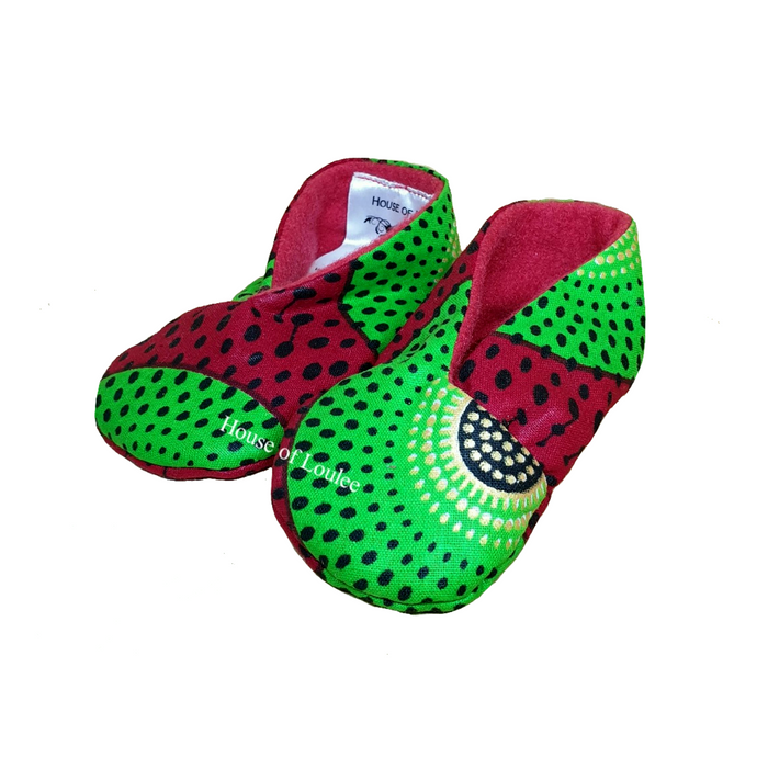 African print baby soft shoes, red, green, black spots