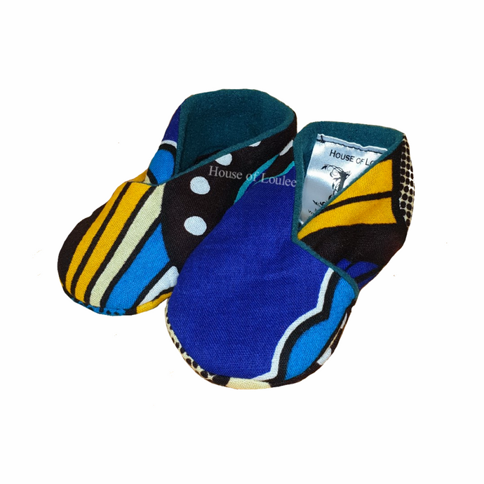 african print baby shoes in blue and yellow