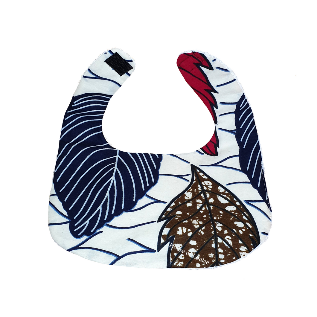 African print bib in red, navy and white