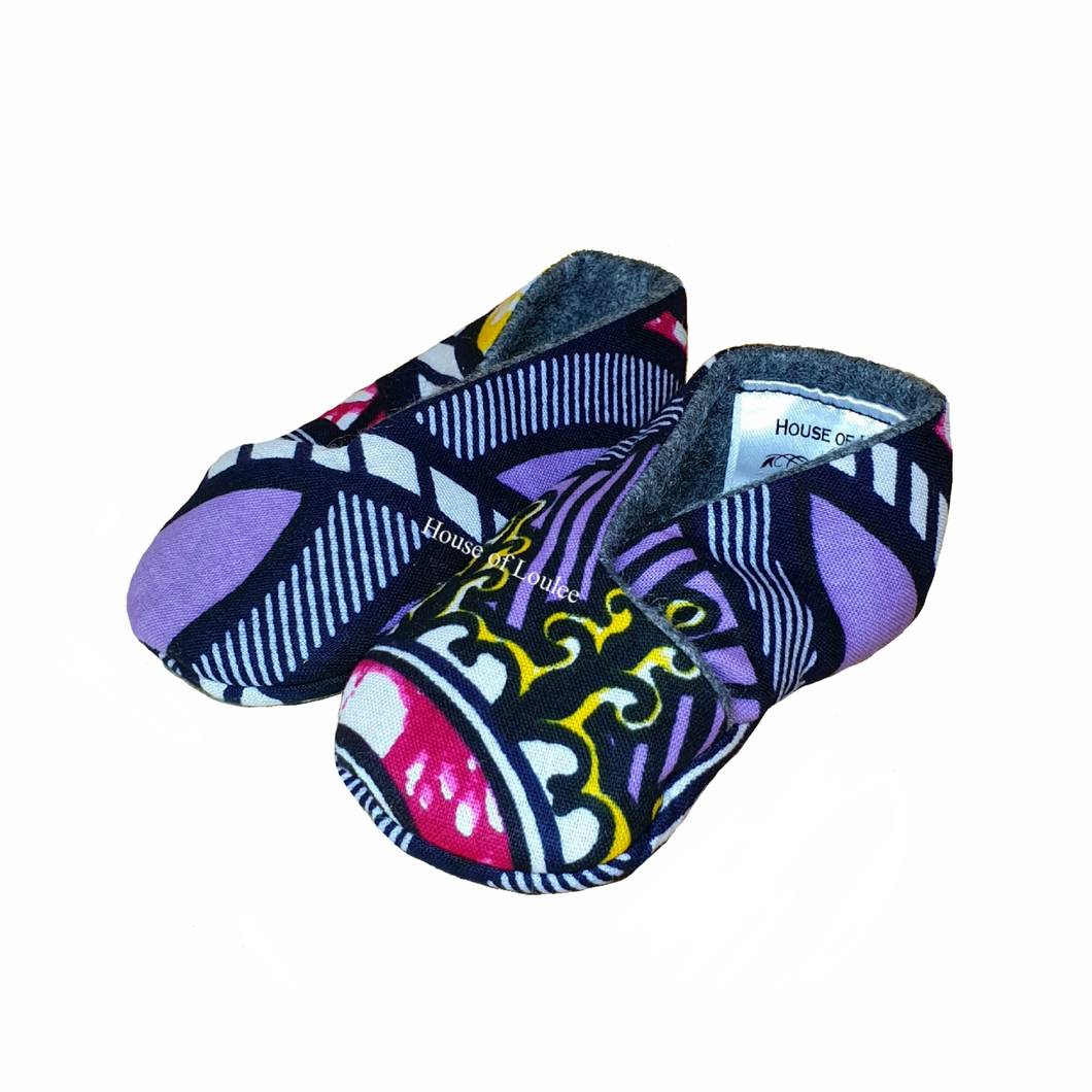 African print baby soft shoes, purple, yellow, pink