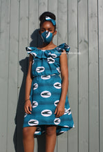 Load image into Gallery viewer, African print Bardot dress, white, turquoise, black lines, sparrows, matching face mask, matching hair bow   
