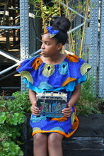Load image into Gallery viewer, African print, blue, orange, Bardot dress, girls, childrens
