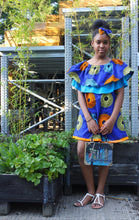 Load image into Gallery viewer, African print, blue, orange, Bardot dress, girls, childrens
