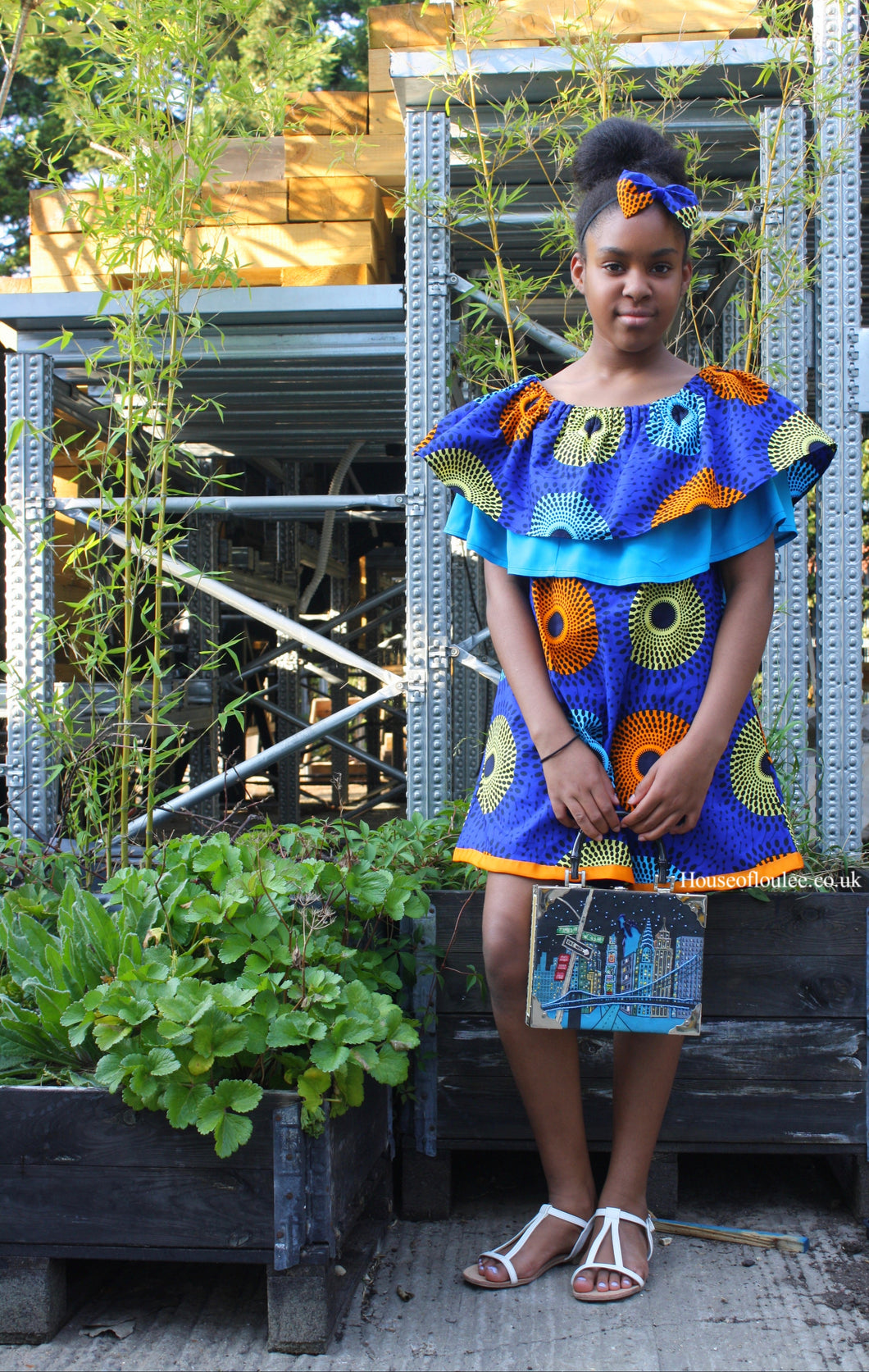 African print, blue, orange, Bardot dress, girls, childrens