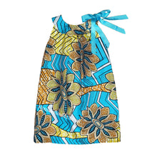 Load image into Gallery viewer, African print blue ribbon dress, light blue, yellow, gold, glitter
