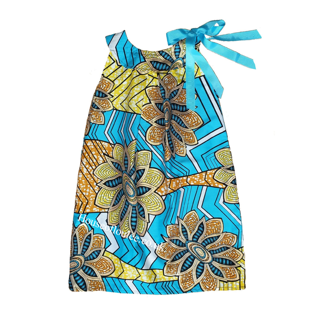 African print blue ribbon dress, light blue, yellow, gold, glitter