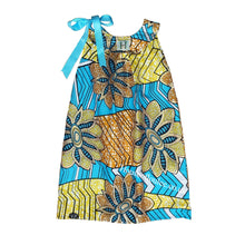 Load image into Gallery viewer, African print blue ribbon dress, light blue, yellow, gold, glitter

