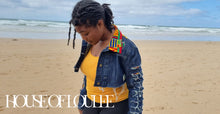 Load image into Gallery viewer, Womens African print Kente, crop denim jacket
