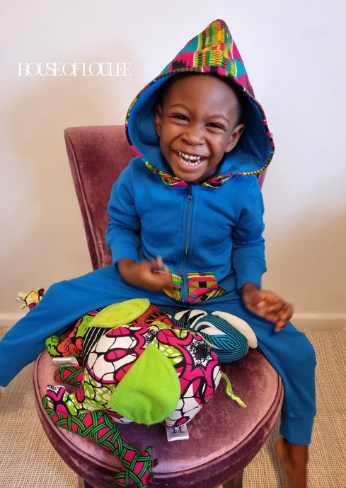 Childrens Blue African print Kente hoodie all in one