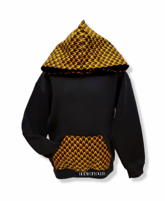 African print hoodie in black and yellow 
