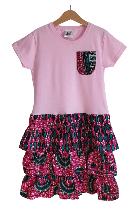 African print pink rara, ruffle jersey dress with pocket