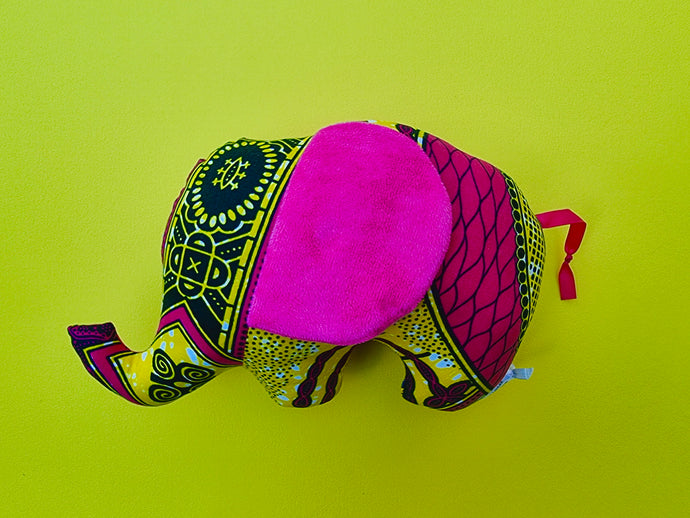 African print soft toy plush elephant in Pink and yellow 