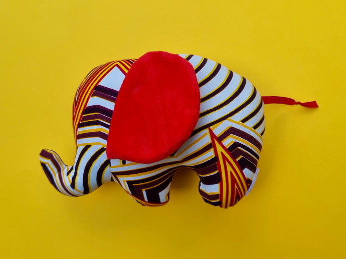 African Print Soft Toy Elephant plush, yellow , orange, light brown striped