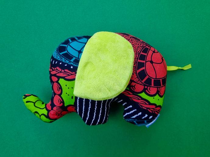 African Print Soft Toy Elephant plush, green, blue and light red