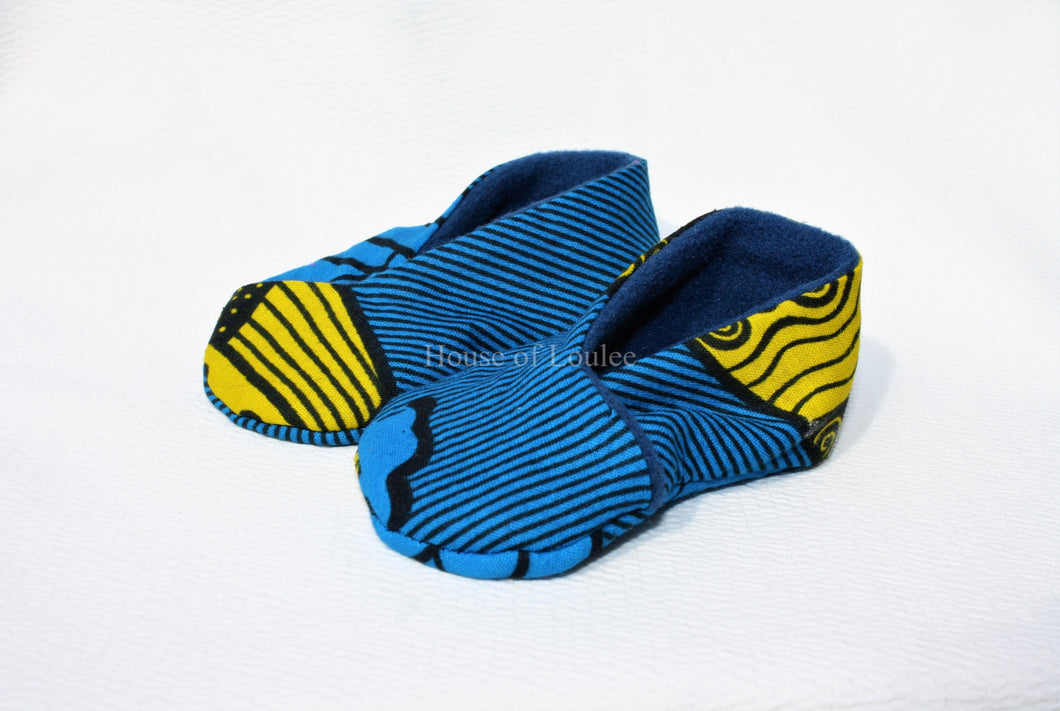 African print baby shoes, blue and yellow