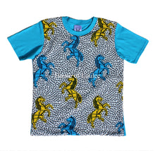 Load image into Gallery viewer, Blue African print t shirt, horse design, children&#39;s, unisex

