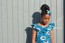 Load image into Gallery viewer, African print Bardot dress, white, turquoise, black lines, sparrows, matching, matching hair bow
