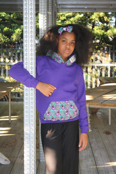 African print hoodie, purple, turquoise, children's, unisex 