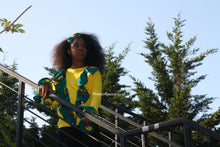 Load image into Gallery viewer, African print, yellow, teal, sweater, frills 
