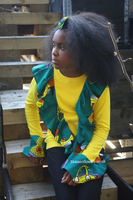 African print, yellow, teal, sweater, frills 