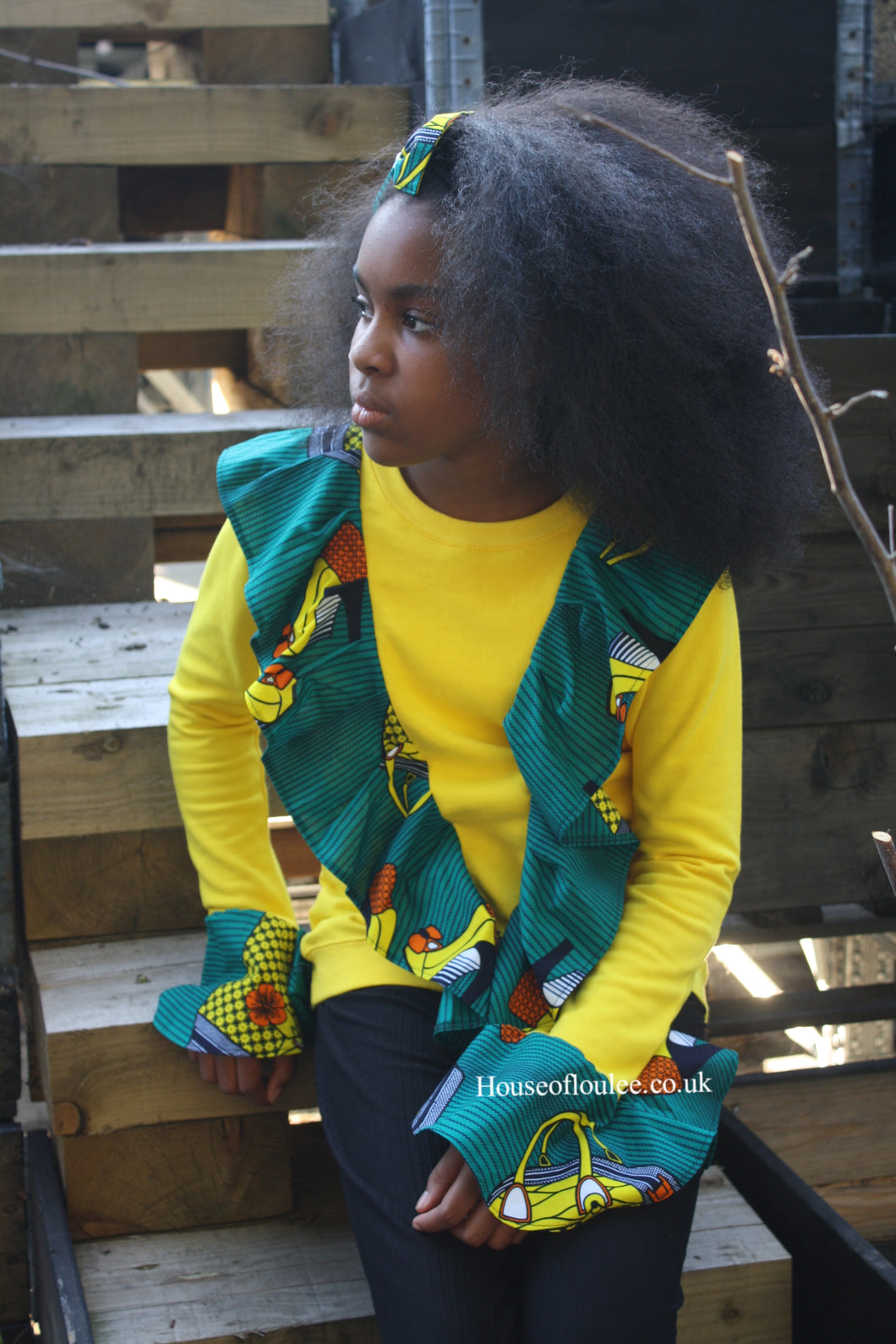 African print, yellow, teal, sweater, frills 