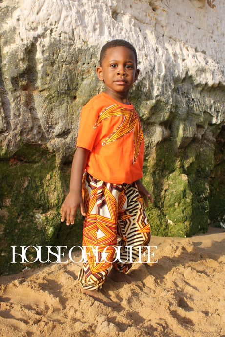 African print orange and brown trousers, childrens, unisex
