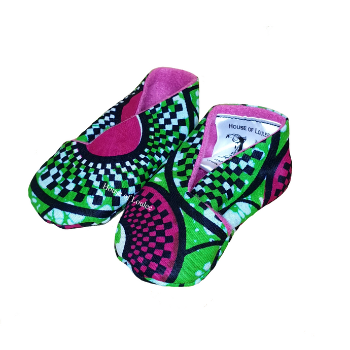 African print baby soft shoes, pink, green, black