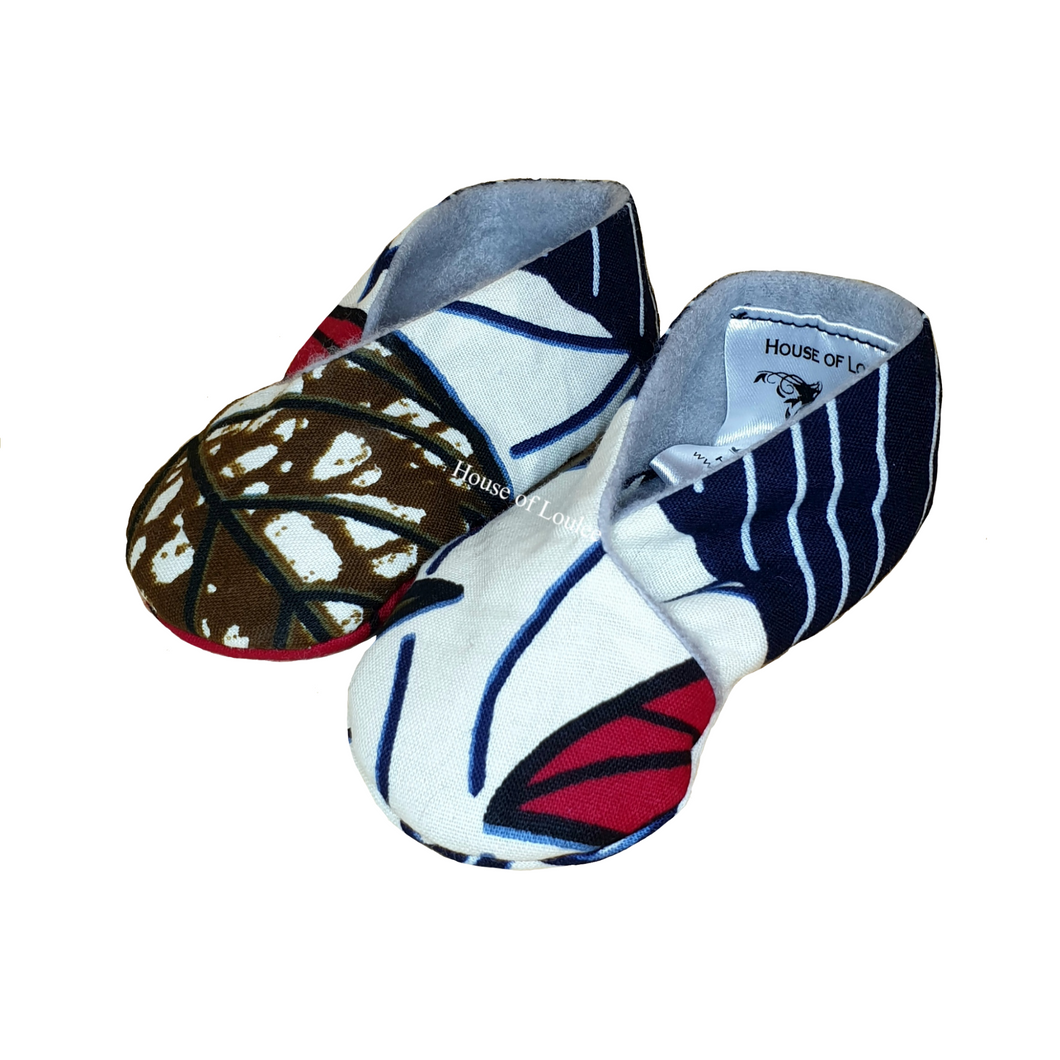 African print baby shoes in red, navy and white 