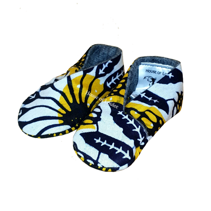 African print baby soft shoes, yellow, grey, navy