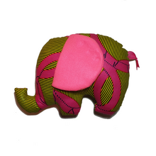 Load image into Gallery viewer, African Print Soft Toy Elephant plush, yellow  with black stripes and large pink circles
