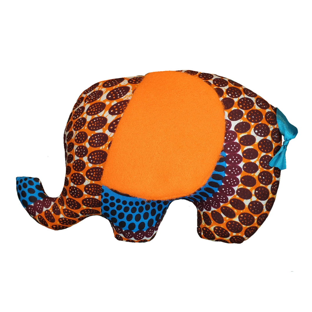 African Print Soft Toy Elephant plush, yellow , orange, blue with brown spots