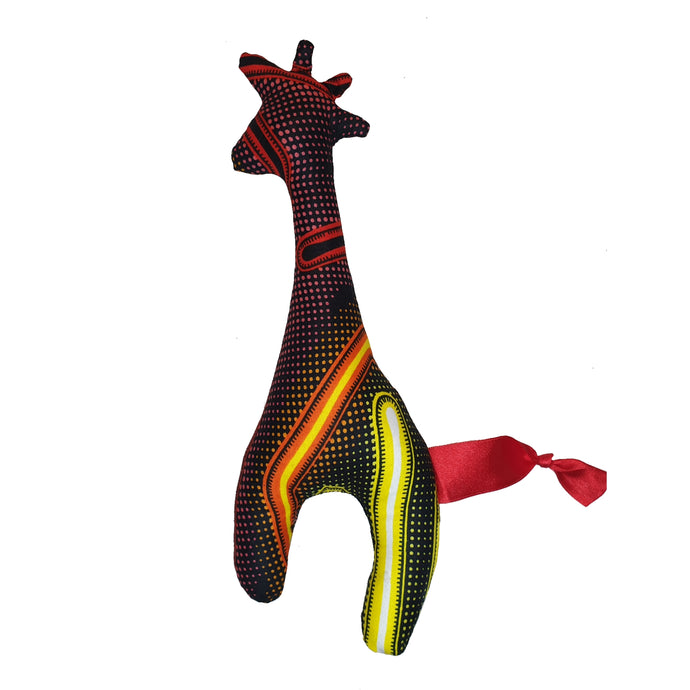 African print giraffe soft toy plush, red, orange, yellow, black 