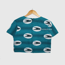 Load image into Gallery viewer, African print childrens crop top and shorts in light blue and white stripes with sparrow birds
