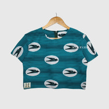 Load image into Gallery viewer, African print childrens crop top and shorts in light blue and white stripes with sparrow birds
