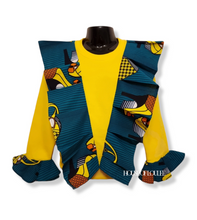 Load image into Gallery viewer, African print, yellow, teal, sweater, frills 
