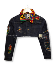 Load image into Gallery viewer, Womens African print Kente, crop denim jacket
