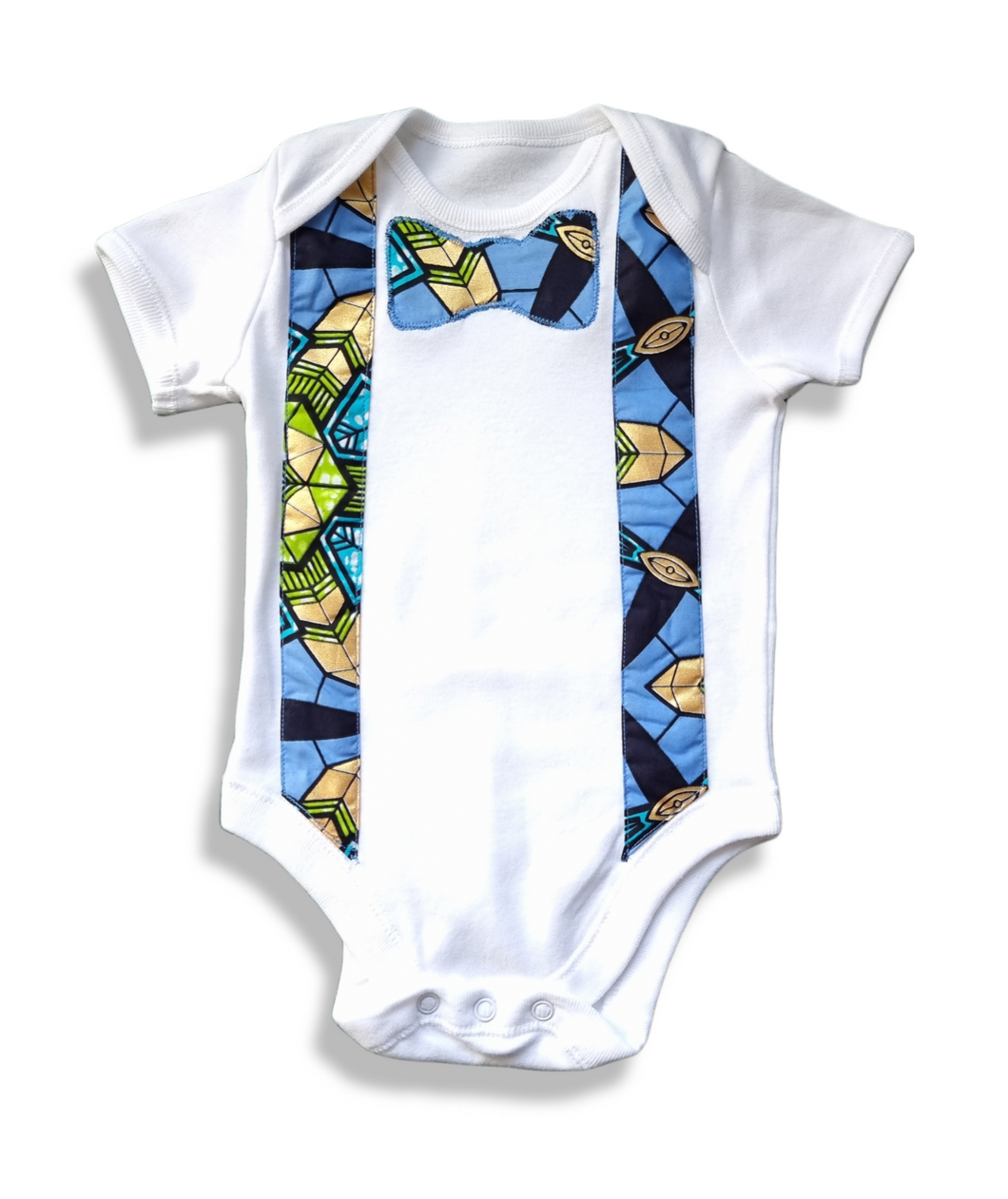 Baby Braces & Bow Tie Romper (Gold Shimmer African Print)