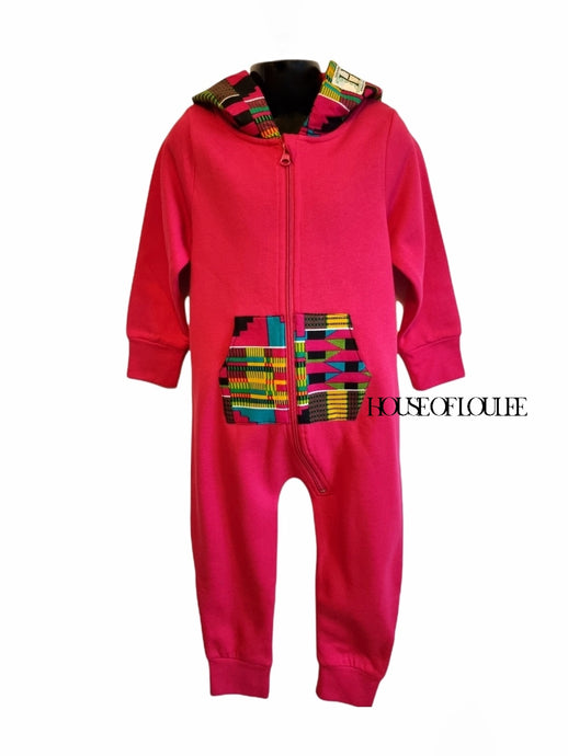 Childrens Pink African print Kente hoodie all in one